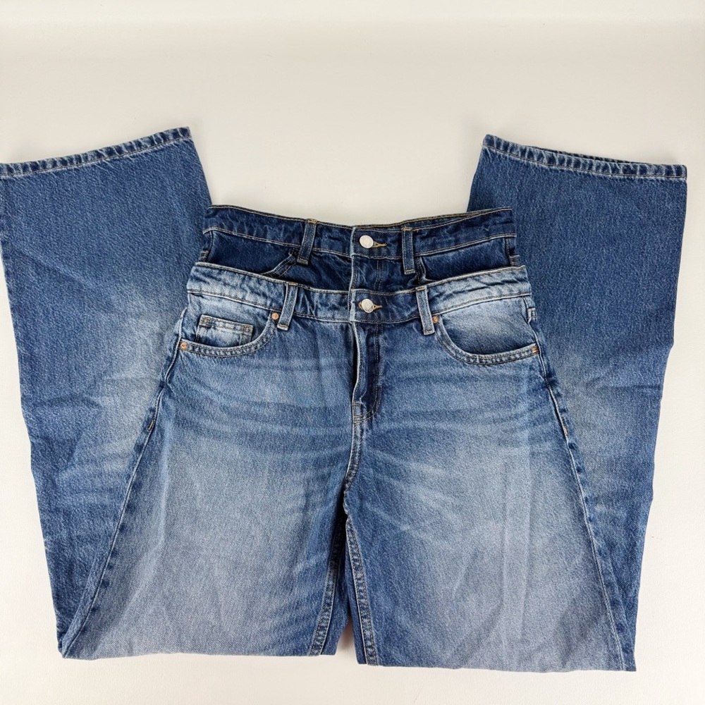 Bershka Double Waistband Wide Leg Jeans – Light Wash